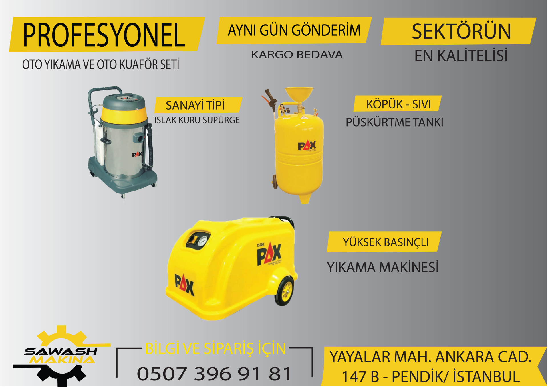 Profesyonel Oto Yıkama Seti | PAX 200 Bar + Köpük Tankı + 3 Motorlu Süpürge + Kompresör