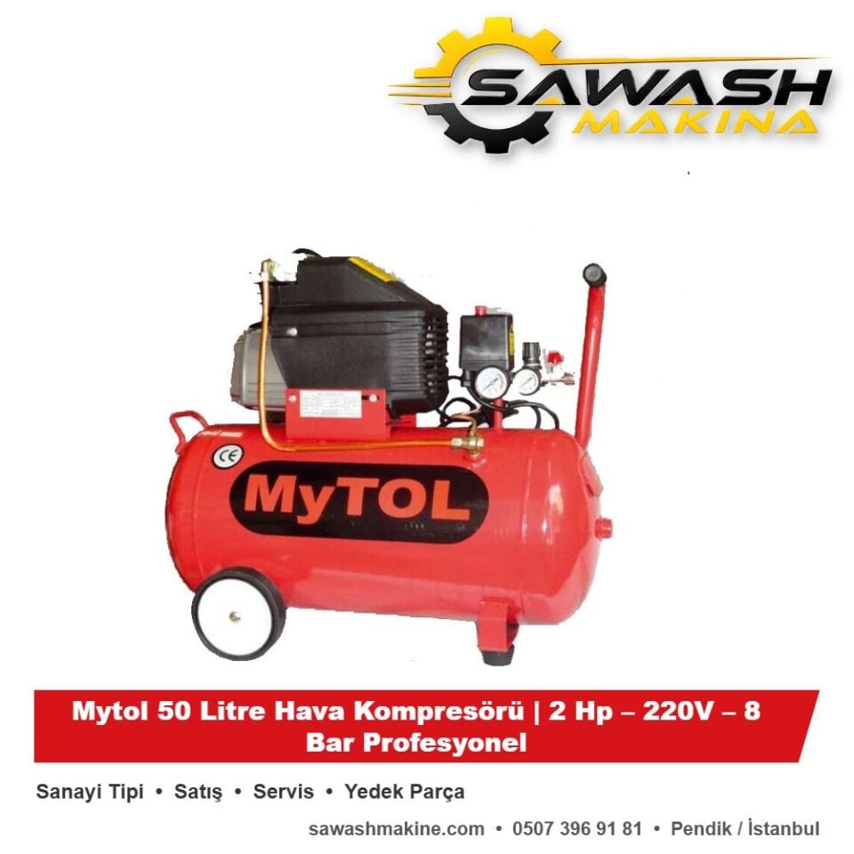 Mytol 50 Litre Hava Kompresörü | 2 Hp – 220V – 8 Bar Profesyonel
