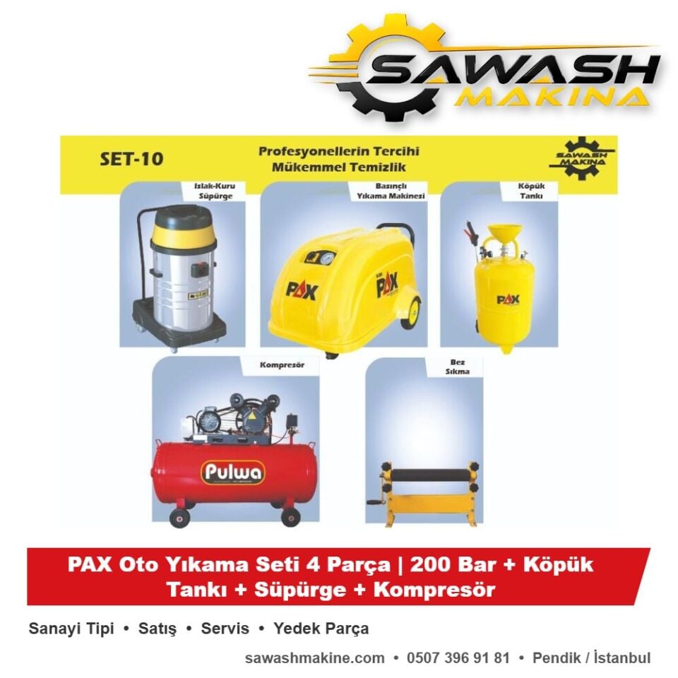 PAX Oto Yıkama Seti 4 Parça | 200 Bar + Köpük Tankı + Süpürge + Kompresör