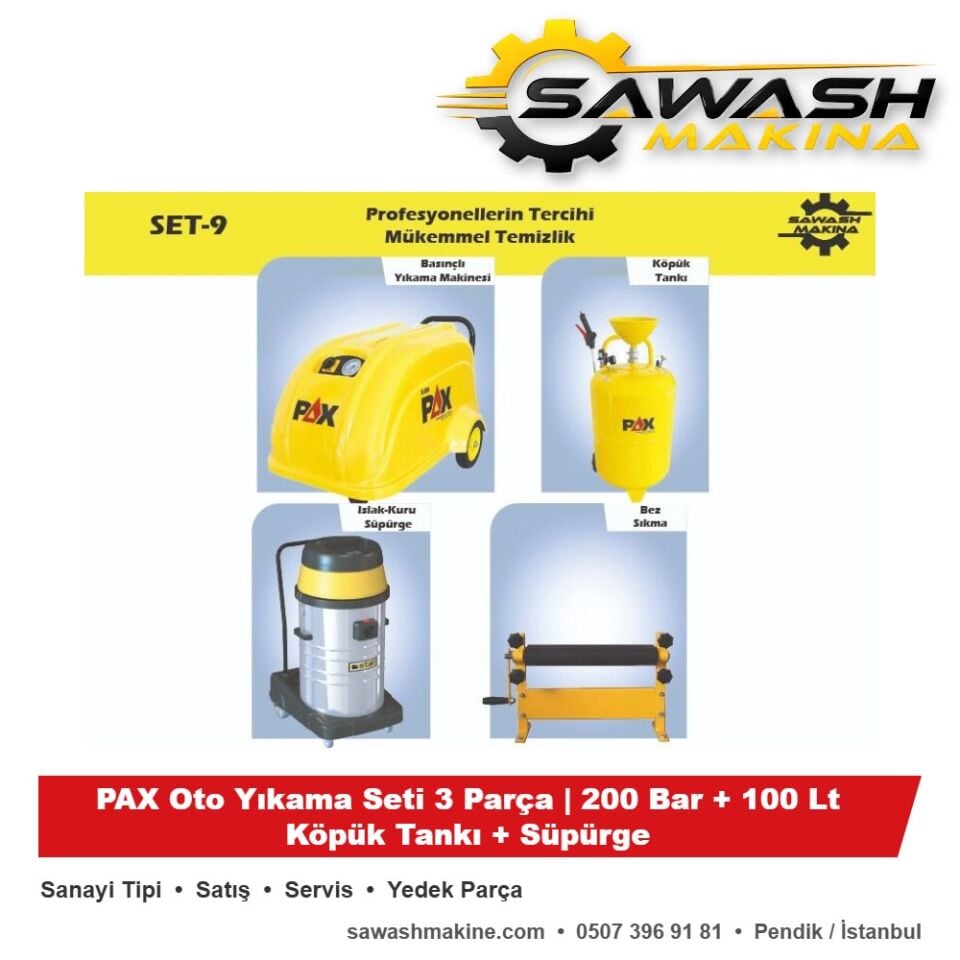 PAX Oto Yıkama Seti 3 Parça | 200 Bar + 100 Lt Köpük Tankı + Süpürge