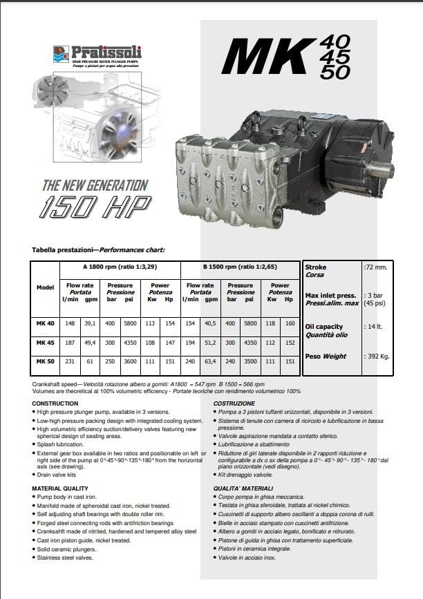 Pratissoli MK9M 5B Pistonlu Çamur/Enjeksiyon Pompası 208 lt/dk 50 bar