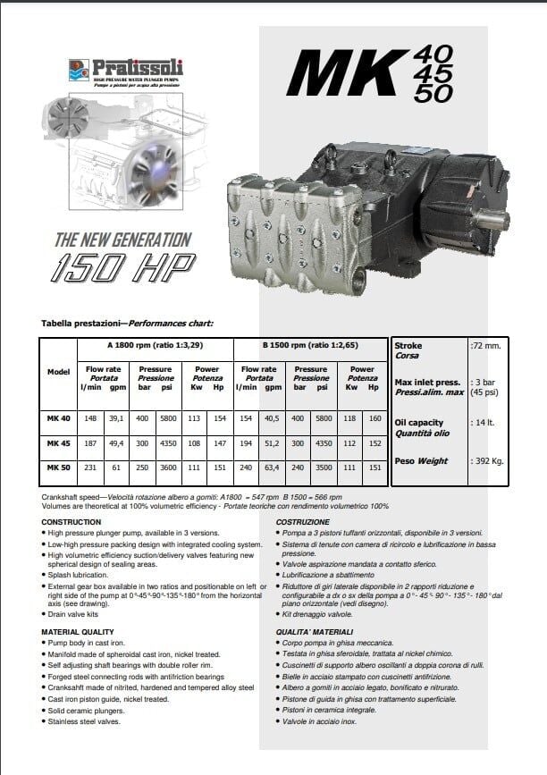 Pratissoli MK9M 5D Pistonlu Çamur/Enjeksiyon Pompası 396 lt/dk 50 bar