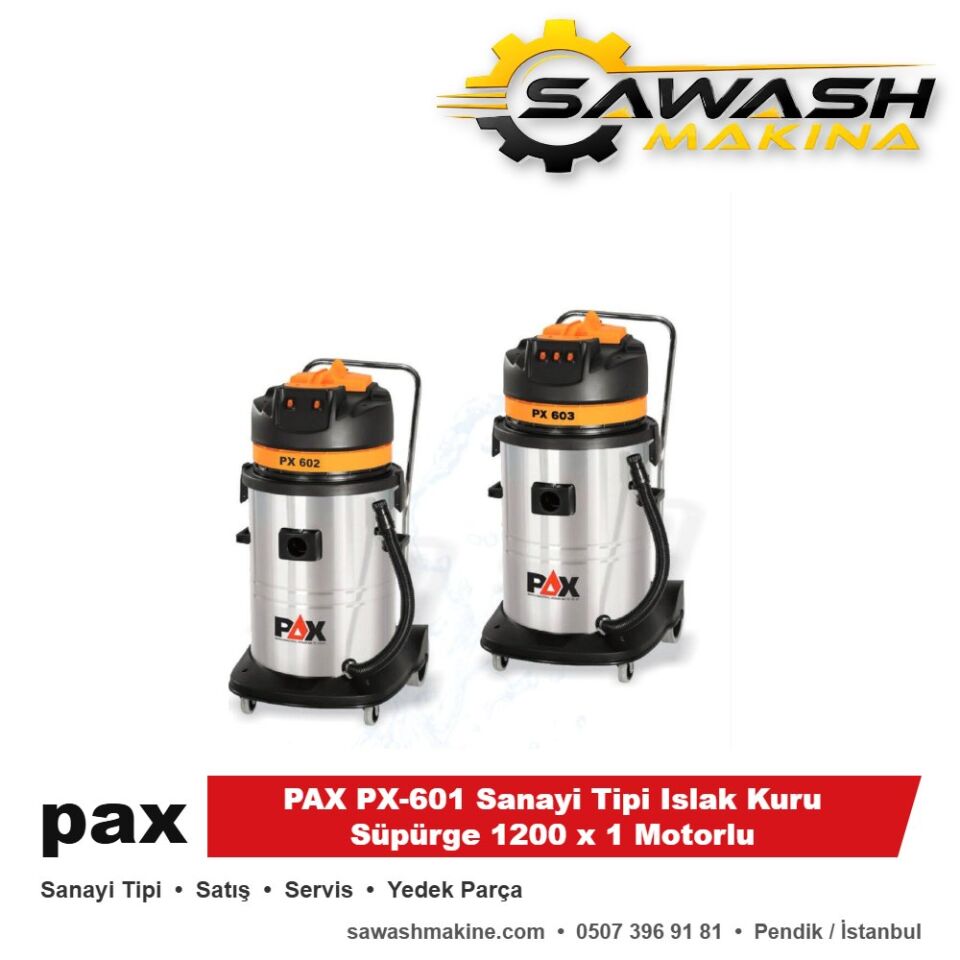 PAX PX-601 Sanayi Tipi Islak Kuru Süpürge 1200 x 1 Motorlu