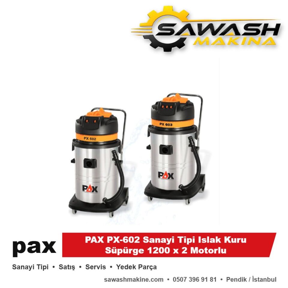 PAX PX-602 Sanayi Tipi Islak Kuru Süpürge 1200 x 2 Motorlu