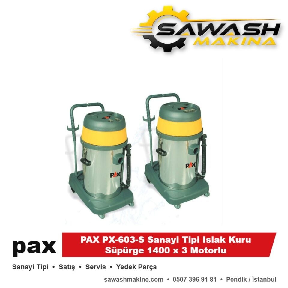 PAX PX-603-S Sanayi Tipi Islak Kuru Süpürge 1400 x 3 Motorlu