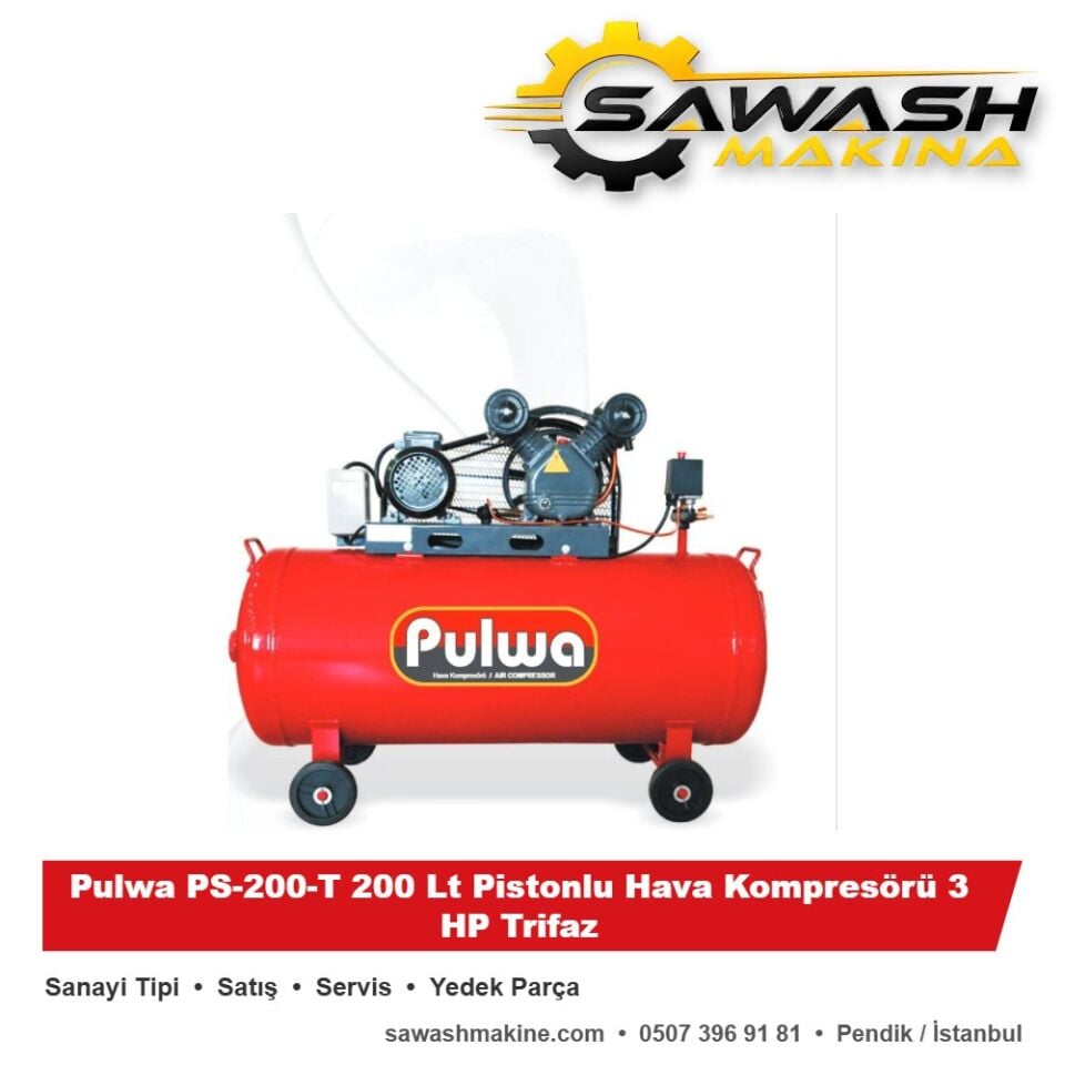 Pulwa PS-200-T 200 Lt Pistonlu Hava Kompresörü 3 HP Trifaz