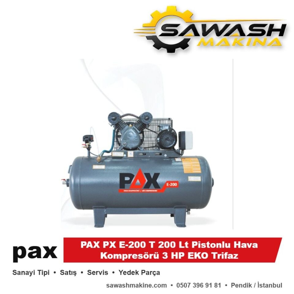 PAX PX E-200 T 200 Lt Pistonlu Hava Kompresörü 3 HP EKO Trifaz