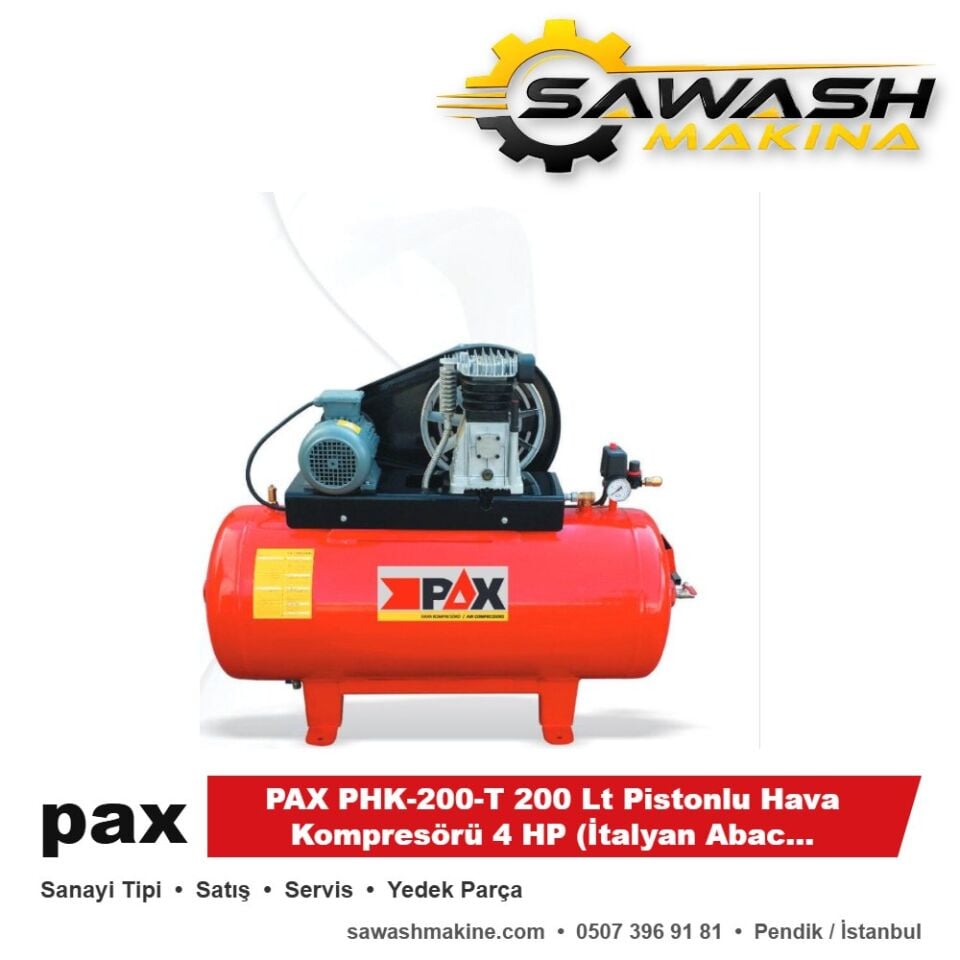 PAX PHK-200-T 200 Lt Pistonlu Hava Kompresörü 4 HP (İtalyan Abac Kafa) Trifaz