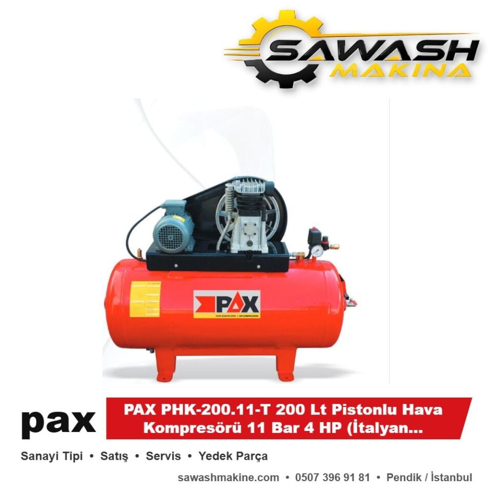 PAX PHK-200.11-T 200 Lt Pistonlu Hava Kompresörü 11 Bar 4 HP (İtalyan Abac Kafa) Trifaz