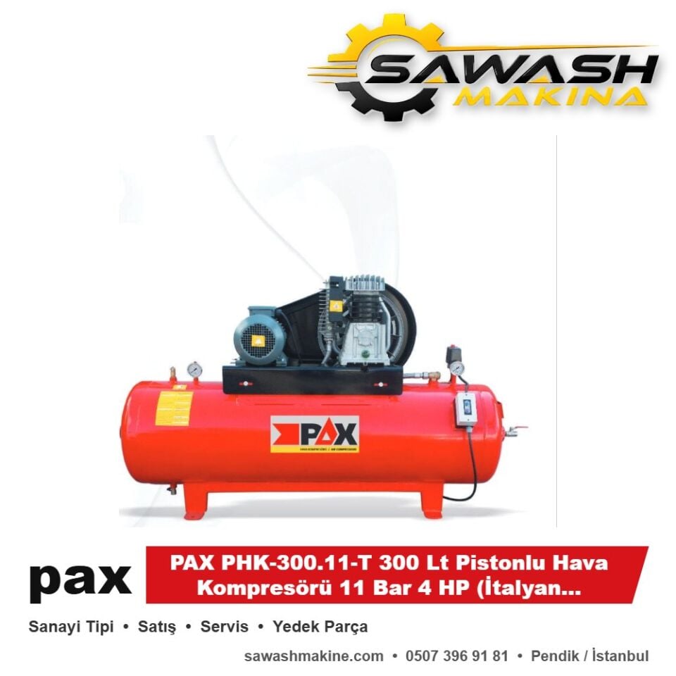 PAX PHK-300.11-T 300 Lt Pistonlu Hava Kompresörü 11 Bar 4 HP (İtalyan Abac Kafa) Trifaz