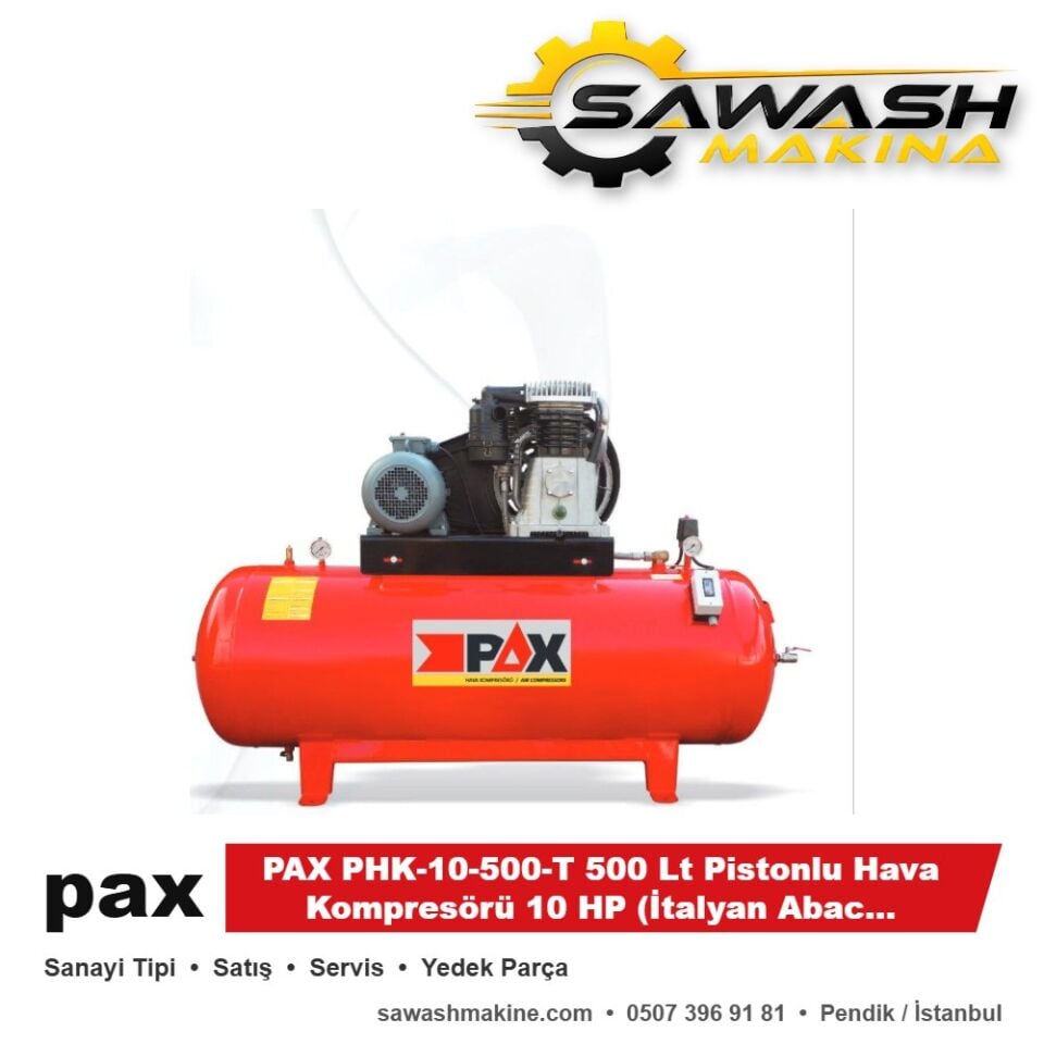 PAX PHK-10-500-T 500 Lt Pistonlu Hava Kompresörü 10 HP (İtalyan Abac Kafa) Trifaz