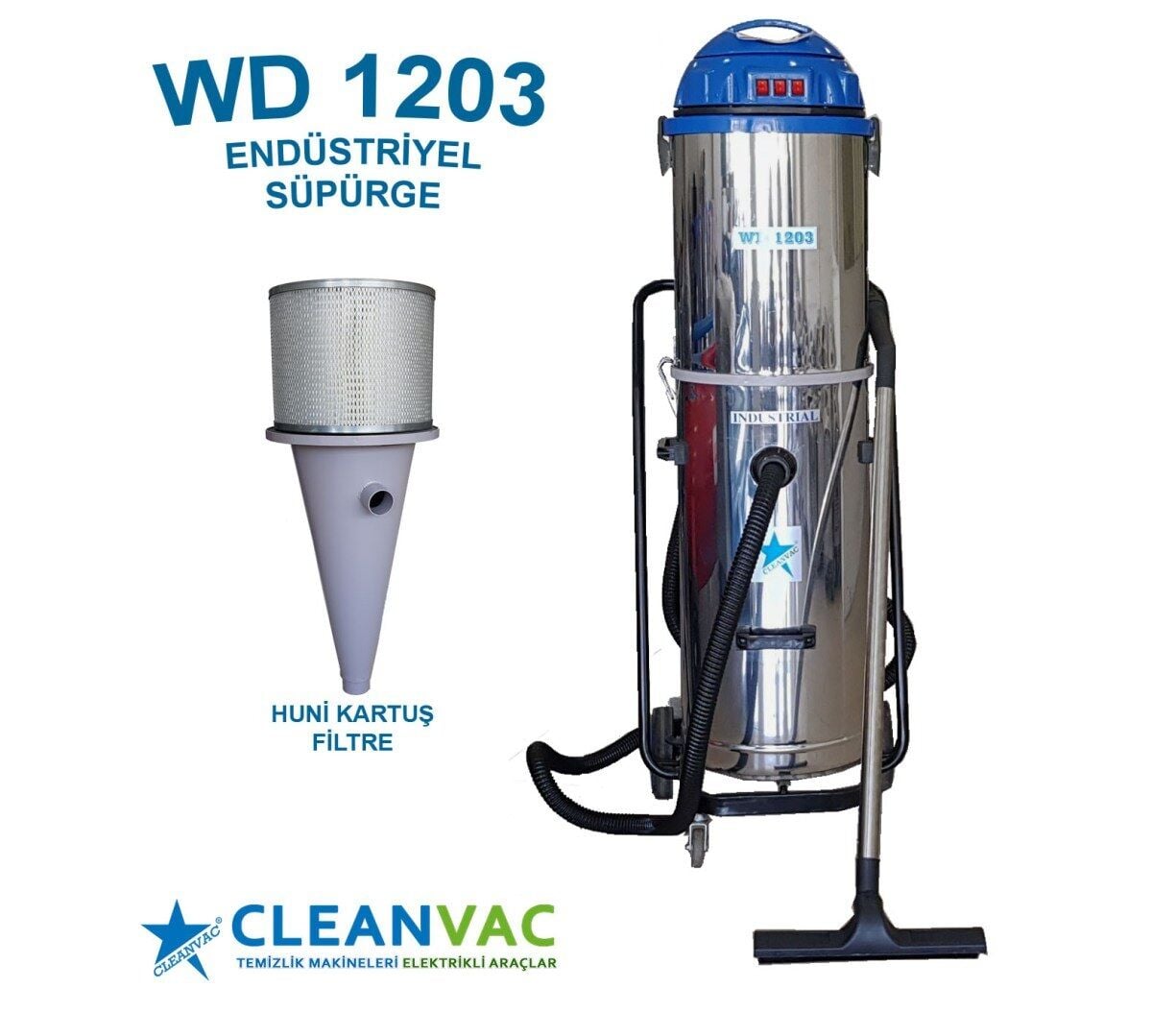 Cleanvac WD 1203 Hunili Sistem Kartuş Filtreli Sanayi Tipi Süpürge