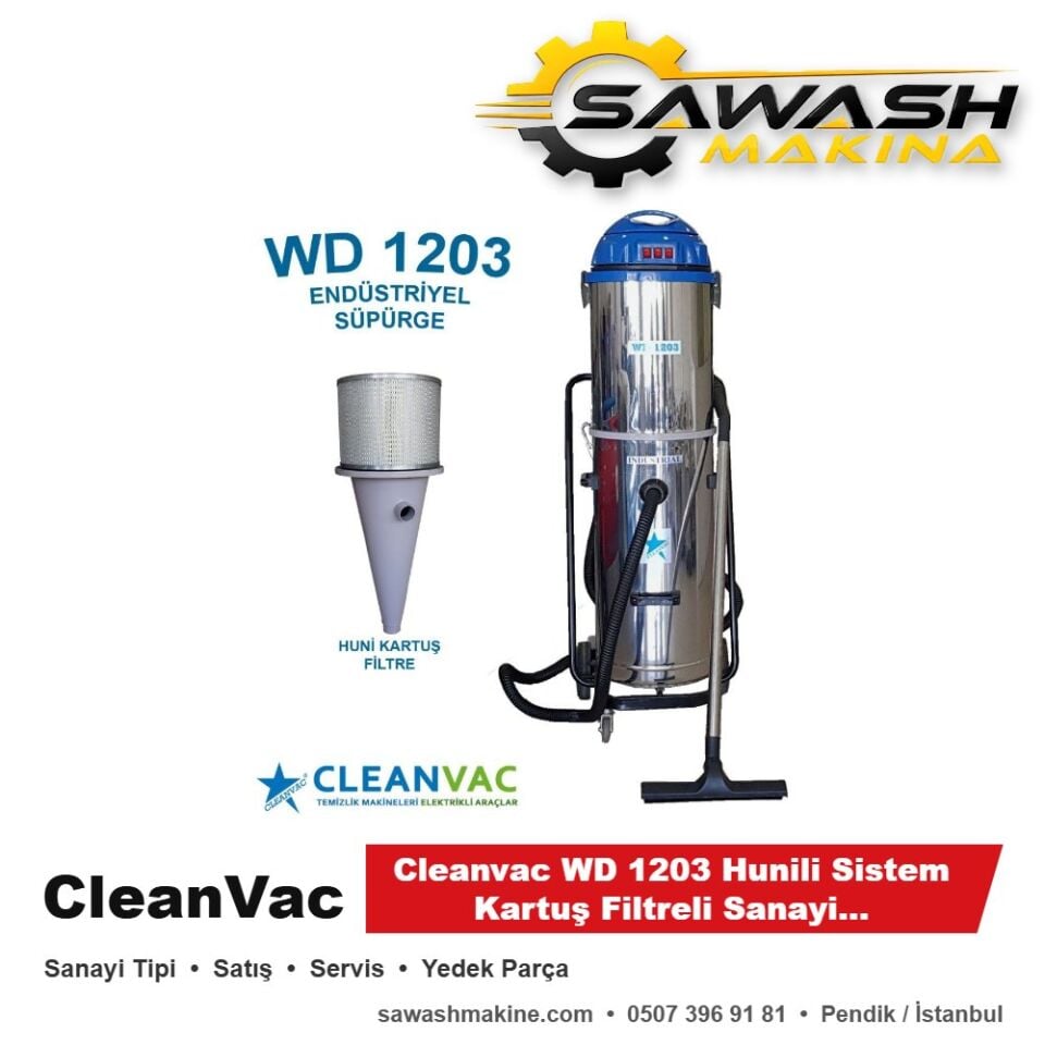 Cleanvac WD 1203 Hunili Sistem Kartuş Filtreli Sanayi Tipi Süpürge